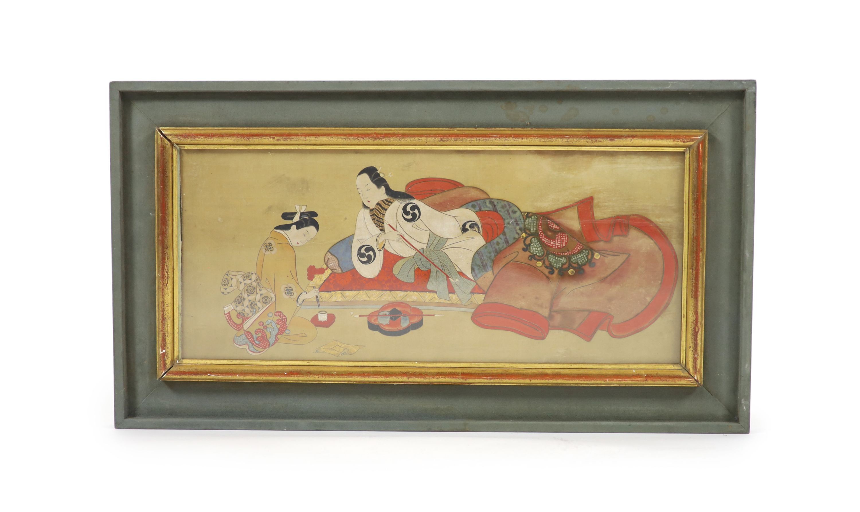 Japanese School, Edo period, painting on silk of a noble lady, 23 x 52.5 cm, laid on board